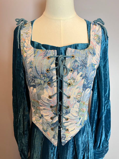 Gothic Blue Medieval Velvet Dress with Floral Corset and Long Sleeves – Gothic Medieval Dress Plus Size